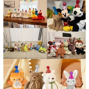 Colorful glittery birthday party hats with pom-poms for pets and plush toys decoration.