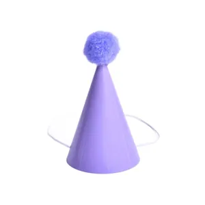 Mini purple pet birthday hat with pom-pom and elastic strap for party decoration