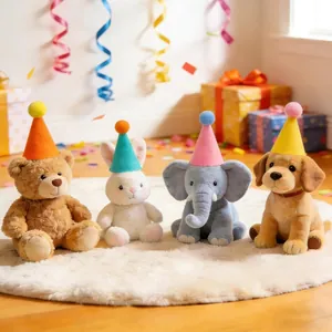 Detailed view of colorful felt pet birthday party hats on cute plush animal props.