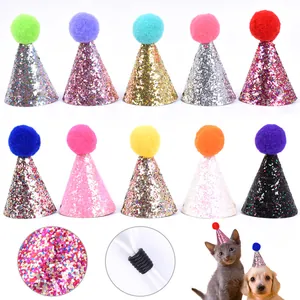 Set of 10 colorful glitter pet birthday hats with soft pom-poms for cats and small dogs.
