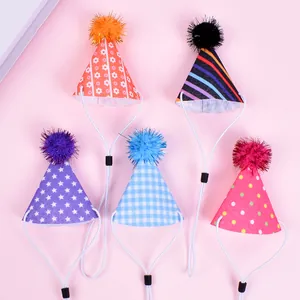 Five colorful printed pet party hats for dogs and cats with adjustable straps.