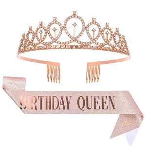 Ensemble diadème or rose et écharpe scintillante Birthday Queen accessoires fête détail