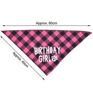 Pink and black plaid dog birthday bandana with Birthday Girl text and dimensions