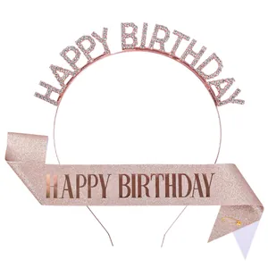 Rose gold rhinestone Happy Birthday headband with matching pink glitter sash set