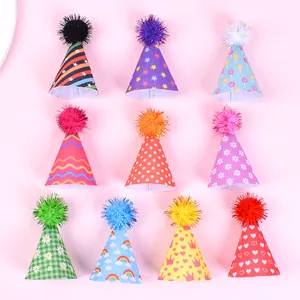 Variety pack of 10 colorful felt pet party hats with festive decorative pom-poms