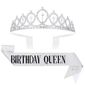 Élégant ensemble d'écharpe Birthday Queen pailletée argentée et tiare en cristal étincelant