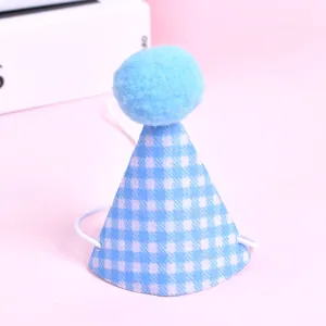 Gros plan détaillé d'un chapeau de fête bleu à carreaux pour animal avec pompon
