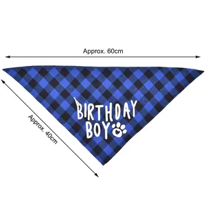 Pet dog birthday bandana in blue plaid pattern with dimensions approx. 60cm x 40cm size