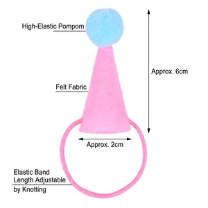 Mini pet birthday hat with pink felt cone and blue pom-pom for small animals