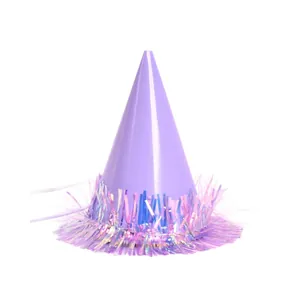 Sparkly purple mini pet party hat with iridescent tinsel fringe for dogs and cats