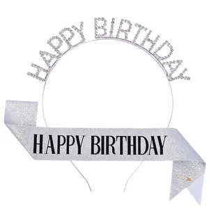 Premium silver rhinestone Happy Birthday headband and matching glitter sash party set