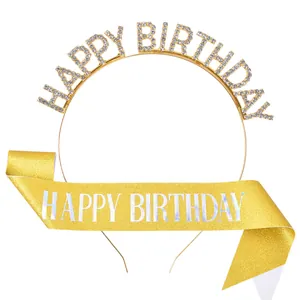 Close-up of sparkling rhinestone Happy Birthday tiara and gold glitter sash set