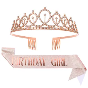 Ensemble diadème d'anniversaire en cristal or rose et écharpe rose scintillante