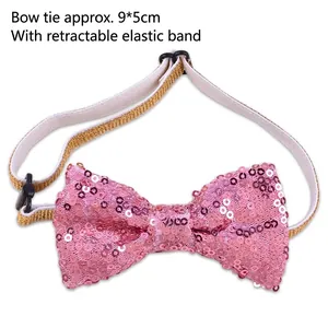 Sparkly pink sequin pet bow tie with adjustable elastic gold strap for dog party