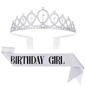 Élégant ensemble de diadème d'anniversaire en strass argentés avec écharpe pailletée Birthday Girl