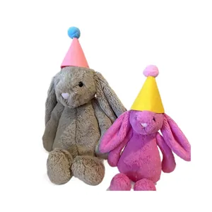 Plush bunny toy set with colorful felt party hats for pet birthday celebrations