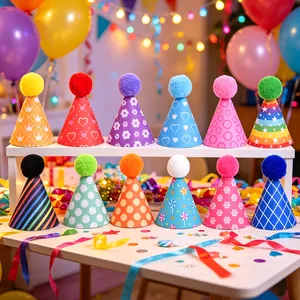 Colorful mini party cone hats with fuzzy pom-poms for pets and dolls birthday celebration