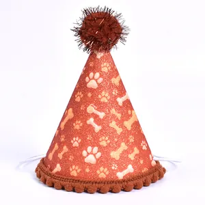 Détail macro du chapeau de fête scintillant pour animaux avec empreintes et motifs d'os
