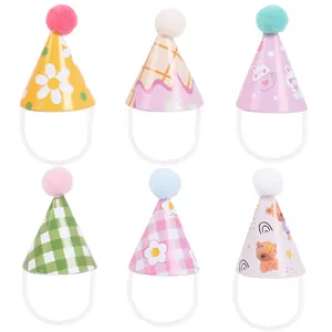 Set van 6 mini verjaardagsmutsen voor kleine huisdieren met pompons en elastische bandjes