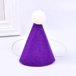 Vista dettagliata del cappello di compleanno in feltro viola per pet