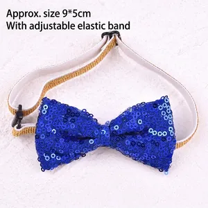 Close-up of blue sequined pet bow tie with adjustable elastic band for dogs and cats