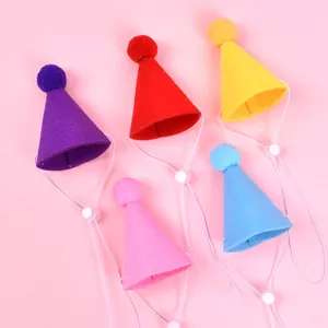 Set of five colorful felt pet party hats with adjustable elastic straps for cats and dogs