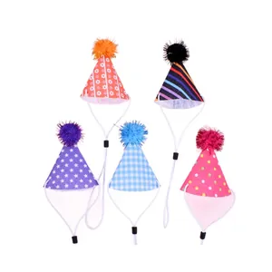 Colorful printed pet birthday party hats with adjustable straps for cats and dogs