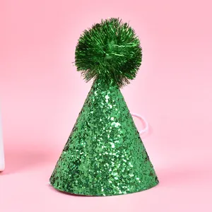 Green glitter pet party hat with tinsel pom-pom and elastic strap for dogs and cats.
