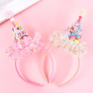 Pair of colorful mesh birthday party hat hairbands with "Happy Birthday" glitter text.