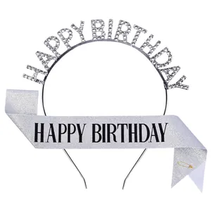 Zilveren Happy Birthday hoofdband met strass en bijpassende glitter sjerp set voor feesten