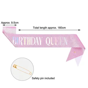 Rosa glitzernde Birthday Queen Schärpe mit goldener Sicherheitsnadel für Partys