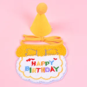 Yellow pet birthday party set with embroidered hat and happy birthday bib scarf