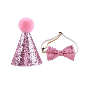 Pink sequined pet birthday hat and bow tie set for dogs and cats celebration party