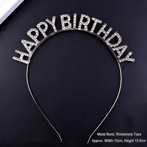 Silver metal rhinestone Happy Birthday party headband for girls size 15x15.5cm
