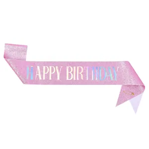 Roze glitter verjaardagssjerp met holografische Happy Birthday letters voor meisjes