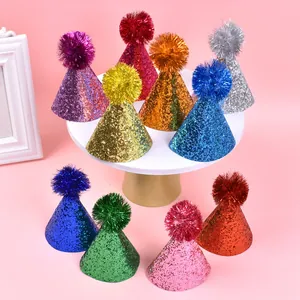 Adjustable Glitter Pet Birthday Party Hat With Pompom Sequin Faux Leather Dog Cat Headwear Cute Animal Photography Prop