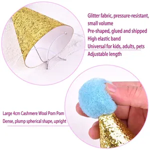 Gold glitter party hat for pets with a blue cashmere pom-pom and adjustable strap