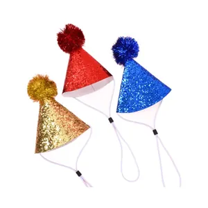 Three sparkling glitter pet party hats in red blue and gold with adjustable straps
