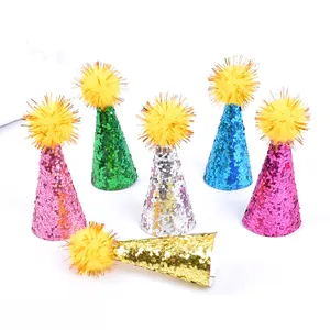Set de mini sombreros de fiesta de lentejuelas con pompones amarillos para mascotas y fiestas.