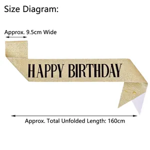 Gedetailleerd maatschema voor een gouden glitter Happy Birthday sjerp van 160 cm