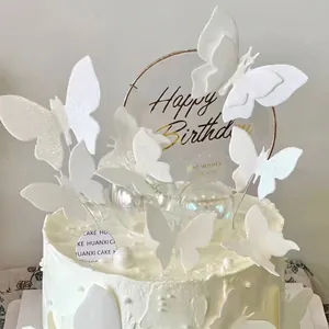 Elegant white butterfly cake topper set with acrylic Happy Birthday sign decoration