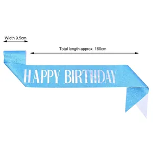 Detailed technical view of the blue glitter Happy Birthday sash showing 160cm length dimensions