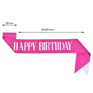 Size detail of pink glitter birthday sash with Happy Birthday print