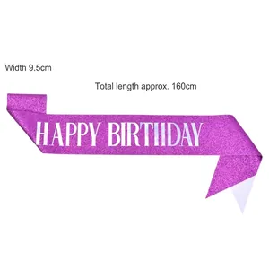 Purple glitter Happy Birthday party sash with 160cm length and 9.5cm width display