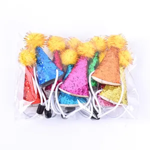 Pack de 10 mini sombreros de fiesta con lentejuelas de colores, pompones y elástico.