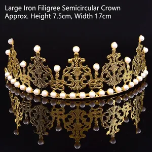 Elegante tiara grande de metal dorado con perlas, corona semicircular para tarta o novia