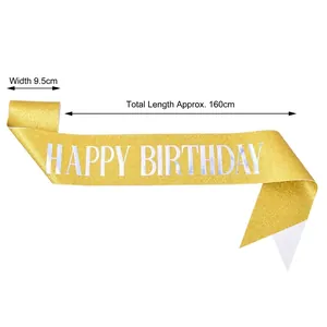 Gold glitter Happy Birthday sash for girls party decorations, 9.5cm width and 160cm length