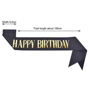 Black glitter Happy Birthday sash with gold lettering, 9.5cm width party decoration prop