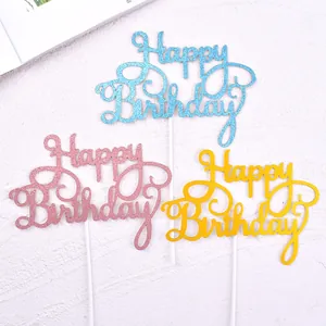 Vue détaillée de décorations de gâteaux Happy Birthday pailletées en bleu, rose et or