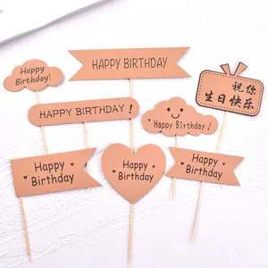 Variety pack of rustic kraft paper birthday cake toppers with printed greetings